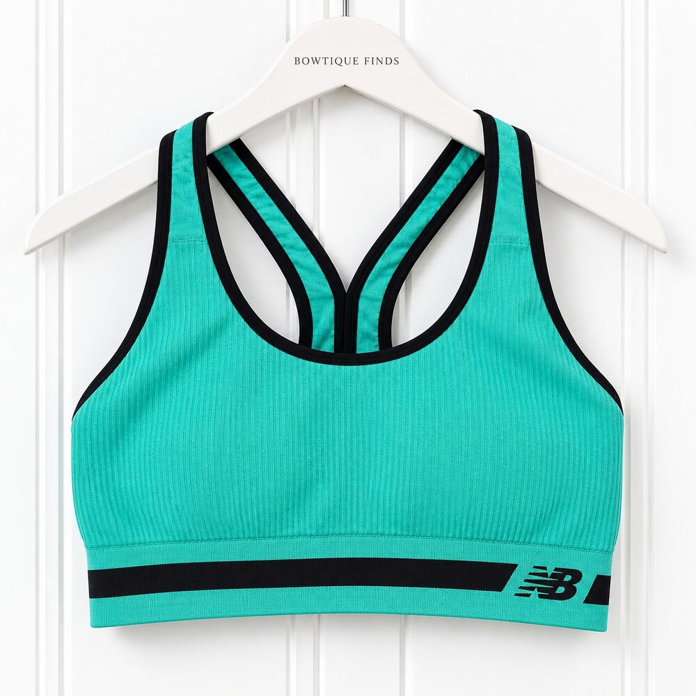 New Balance Sports Bra Womens M Teal Black Seamless Ribbed Racerback Logo Band